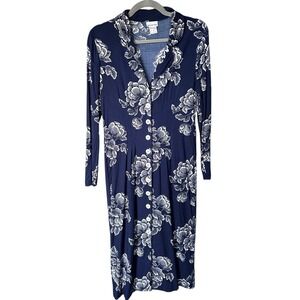 VTG Newport News Midi Dress Womens 10 Blue White‎ Floral Boho Nautical Button Up